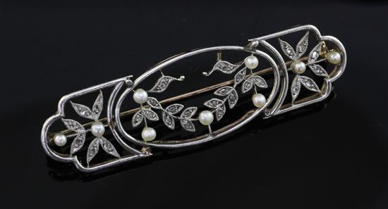 An early 20th century Belle Epoque gold and silver, rose cut diamond and seed pearl set brooch, 2.5in.